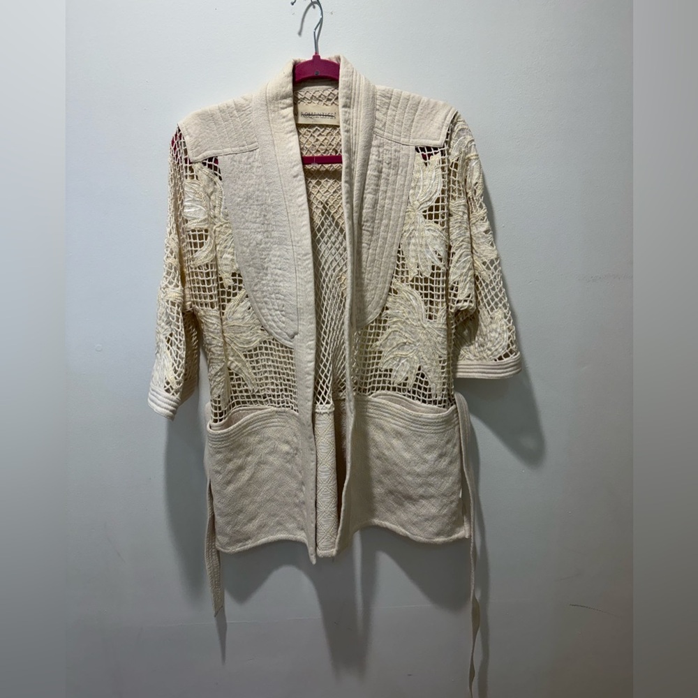 Free People New Romantics Ivory Embroidered Lace Wrap Kimono Jacket Size Medium - Picture 2 of 9